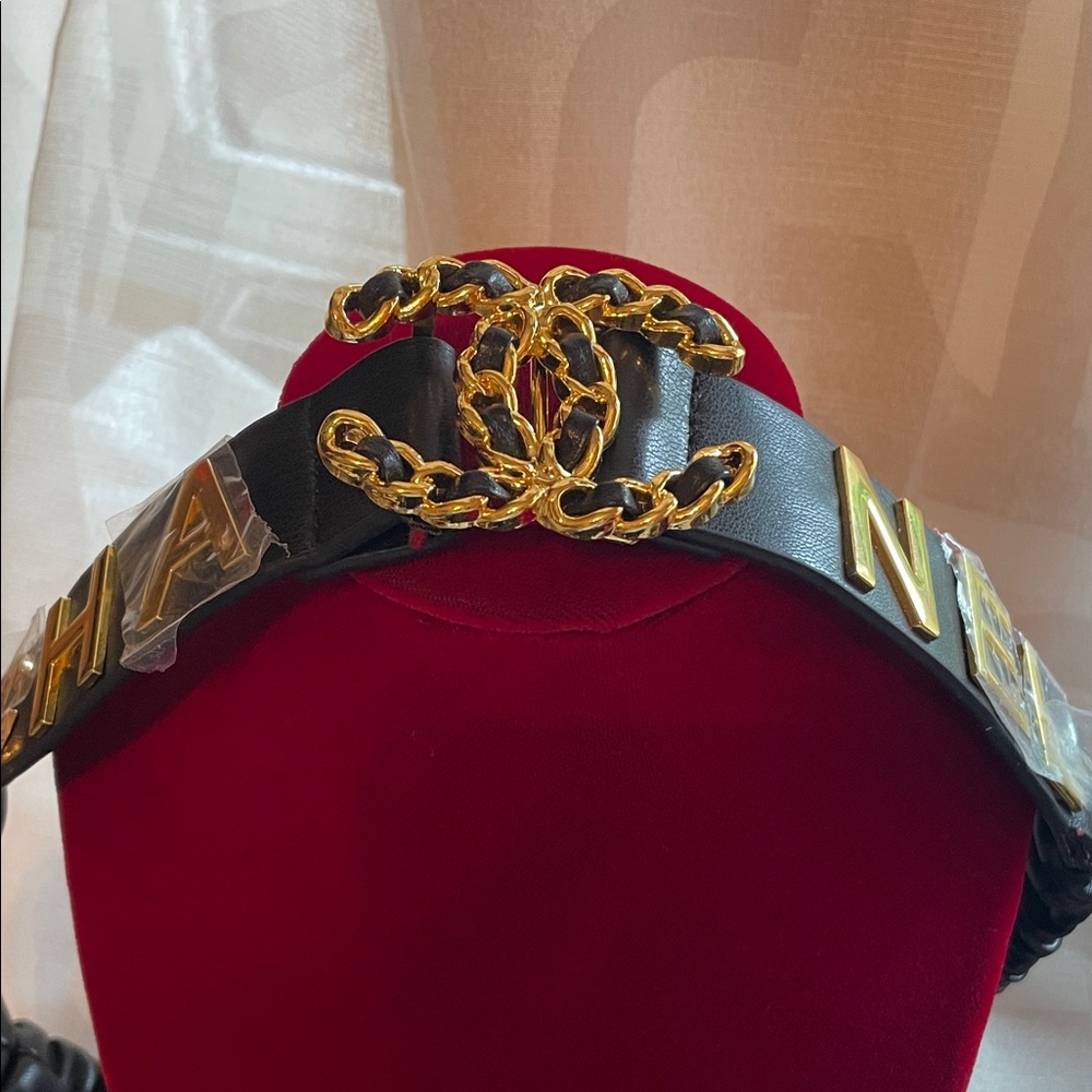 CC LIKE Black Leather Belt with Gold Chain CC Logo and Lettering
